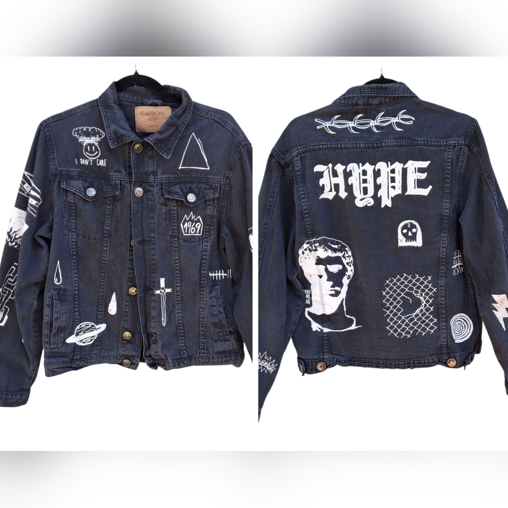 Carbon Black Denim Graffiti Button-up Long Sleeve Jacket Unisex Size Medium